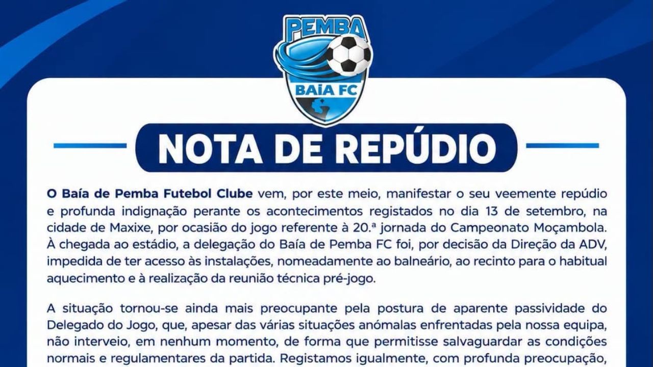 Baía de Pemba FC denuncia tratamento irregular no jogo em Maxixe